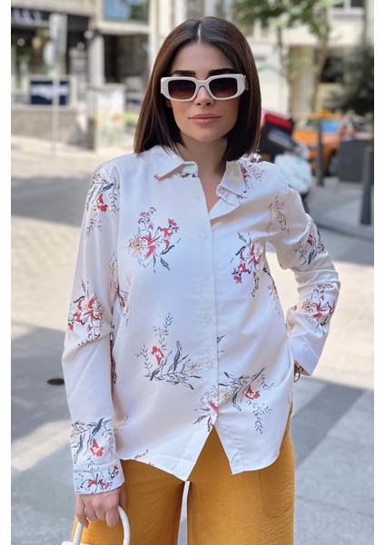 Krem Klasik Yaka, Uzun Kol, Digital Baskılı Kumaş, Regular Kalıp/kesim, Eteği Oval Gömlek