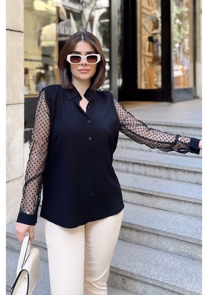 Siyah Klasik Yaka, Uzun Kol, Düz Kumaş, Regular Kalıp/kesim, Kolları Puantiye Tül Gömlek