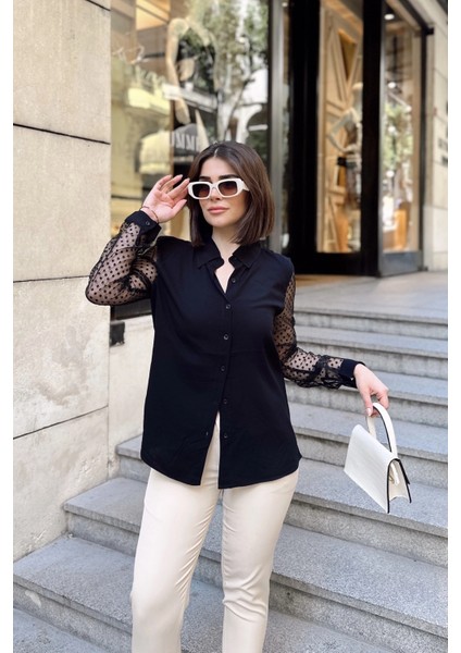 Siyah Klasik Yaka, Uzun Kol, Düz Kumaş, Regular Kalıp/kesim, Kolları Puantiye Tül Gömlek fiyatları