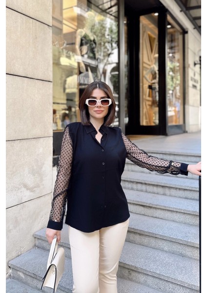 Siyah Klasik Yaka, Uzun Kol, Düz Kumaş, Regular Kalıp/kesim, Kolları Puantiye Tül Gömlek fırsatları