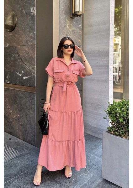 Gül Kurusu Kısa Kol, Airobin Kumaş, Yarım Patlı, Kuşaklı, Eteği Pliseli, Cepli Maxi Uzun Elbise