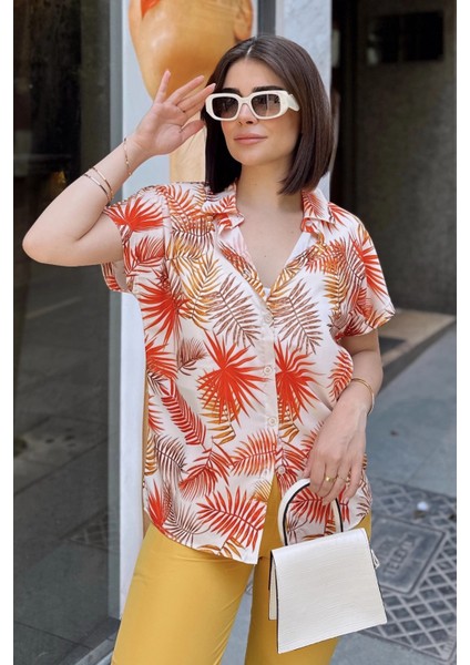 Turuncu Klasik Yaka, Kısa Kol, Digital Baskılı Kumaş, Regular Kalıp/kesim, Gömlek