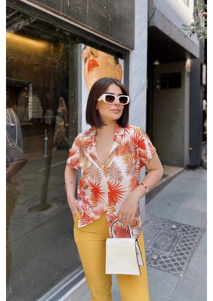 Turuncu Klasik Yaka, Kısa Kol, Digital Baskılı Kumaş, Regular Kalıp/kesim, Gömlek modelleri