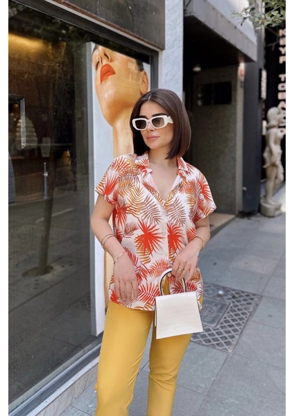 Turuncu Klasik Yaka, Kısa Kol, Digital Baskılı Kumaş, Regular Kalıp/kesim, Gömlek fırsatları