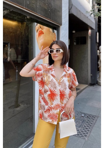 Turuncu Klasik Yaka, Kısa Kol, Digital Baskılı Kumaş, Regular Kalıp/kesim, Gömlek indirimleri