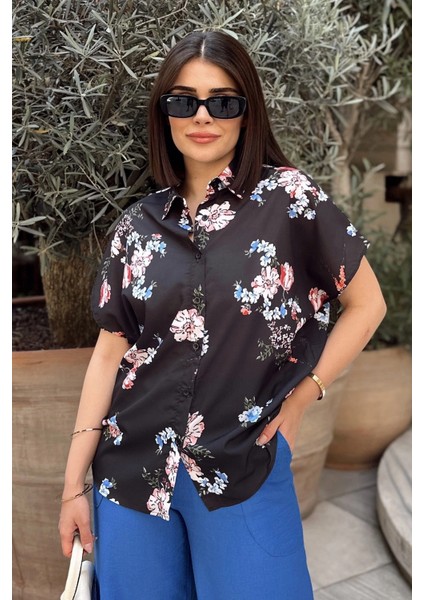 Siyah & Mavı Klasik Yaka, Kısa Kol, Digital Baskılı Kumaş, Regular Kalıp/kesim, Gömlek