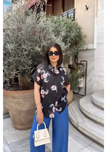 Siyah & Mavı Klasik Yaka, Kısa Kol, Digital Baskılı Kumaş, Regular Kalıp/kesim, Gömlek modelleri