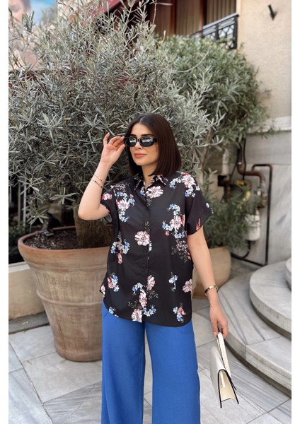 Siyah & Mavı Klasik Yaka, Kısa Kol, Digital Baskılı Kumaş, Regular Kalıp/kesim, Gömlek indirimleri