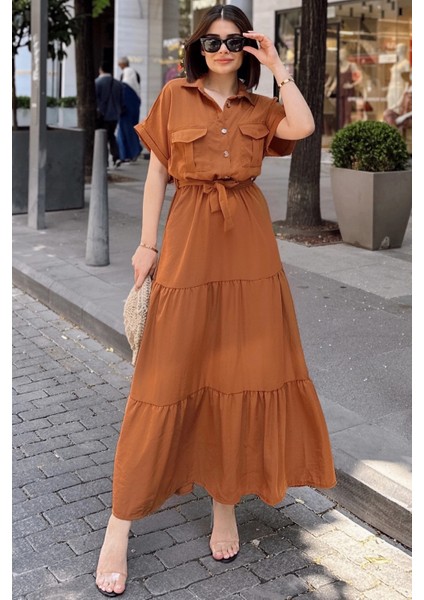 Kahve Kısa Kol, Airobin Kumaş, Yarım Patlı, Kemerli/kuşaklı, Eteği Pliseli, Cepli Maxi Uzun Elbise