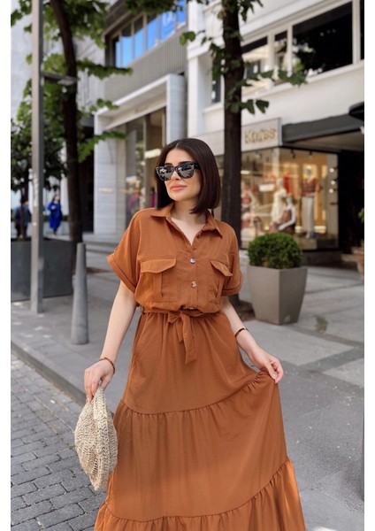 Kahve Kısa Kol, Airobin Kumaş, Yarım Patlı, Kemerli/kuşaklı, Eteği Pliseli, Cepli Maxi Uzun Elbise fiyatları