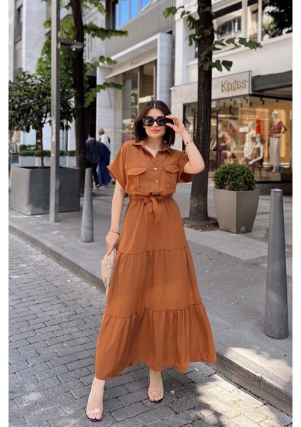 Kahve Kısa Kol, Airobin Kumaş, Yarım Patlı, Kemerli/kuşaklı, Eteği Pliseli, Cepli Maxi Uzun Elbise fırsatları