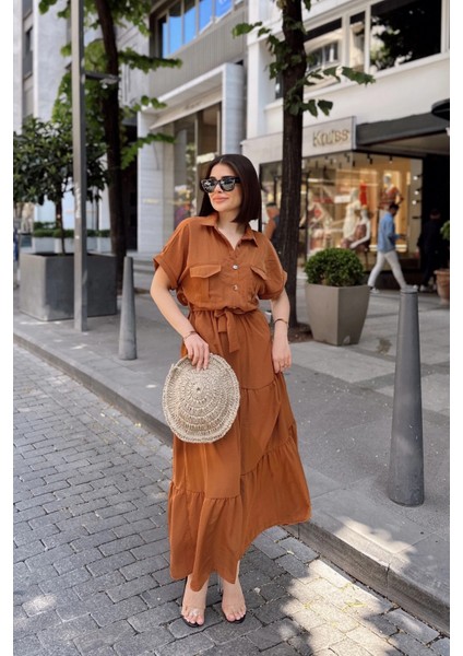 Kahve Kısa Kol, Airobin Kumaş, Yarım Patlı, Kemerli/kuşaklı, Eteği Pliseli, Cepli Maxi Uzun Elbise indirimleri