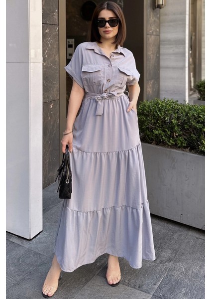 Gri Kısa Kol, Airobin Kumaş, Yarım Patlı, Kemerli/kuşaklı, Eteği Pliseli, Cepli Maxi Uzun Elbise