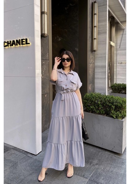 Gri Kısa Kol, Airobin Kumaş, Yarım Patlı, Kemerli/kuşaklı, Eteği Pliseli, Cepli Maxi Uzun Elbise fiyatları