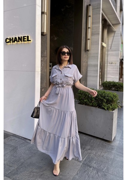 Gri Kısa Kol, Airobin Kumaş, Yarım Patlı, Kemerli/kuşaklı, Eteği Pliseli, Cepli Maxi Uzun Elbise fırsatları