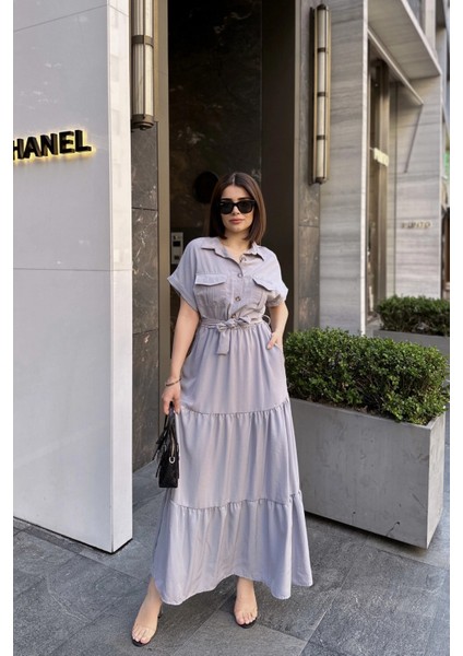 Gri Kısa Kol, Airobin Kumaş, Yarım Patlı, Kemerli/kuşaklı, Eteği Pliseli, Cepli Maxi Uzun Elbise indirimleri