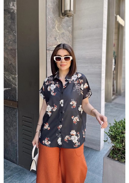 Siyah Klasik Yaka, Kısa Kol, Digital Baskılı Kumaş, Regular Kalıp/kesim, Gömlek fiyatları