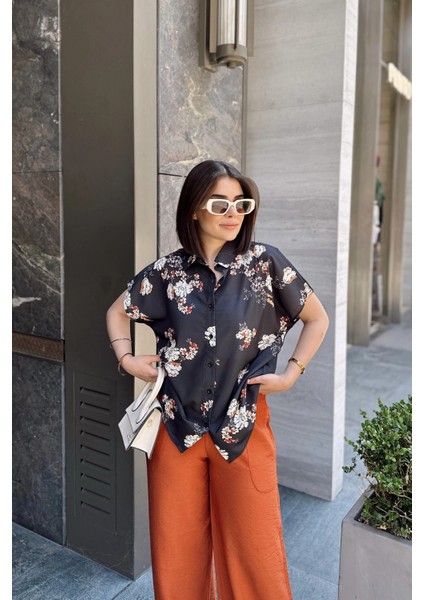 Siyah Klasik Yaka, Kısa Kol, Digital Baskılı Kumaş, Regular Kalıp/kesim, Gömlek fırsatları