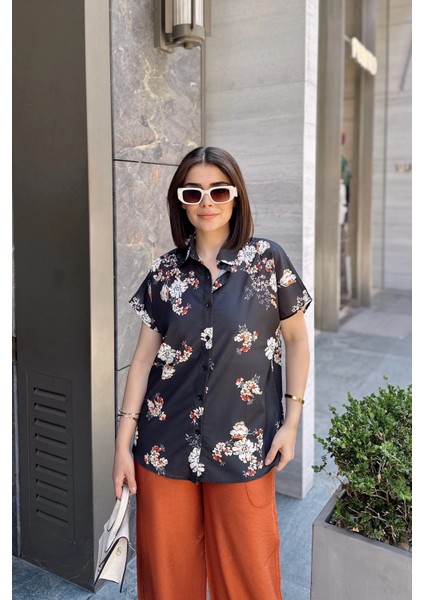 Siyah Klasik Yaka, Kısa Kol, Digital Baskılı Kumaş, Regular Kalıp/kesim, Gömlek indirimleri