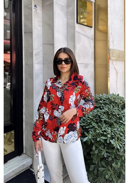 Kırmızı Klasik Yaka, Uzun Kol, Digital Baskılı Kumaş, Regular Kalıp/kesim, Gömlek modelleri