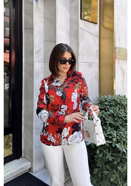 Kırmızı Klasik Yaka, Uzun Kol, Digital Baskılı Kumaş, Regular Kalıp/kesim, Gömlek indirimleri