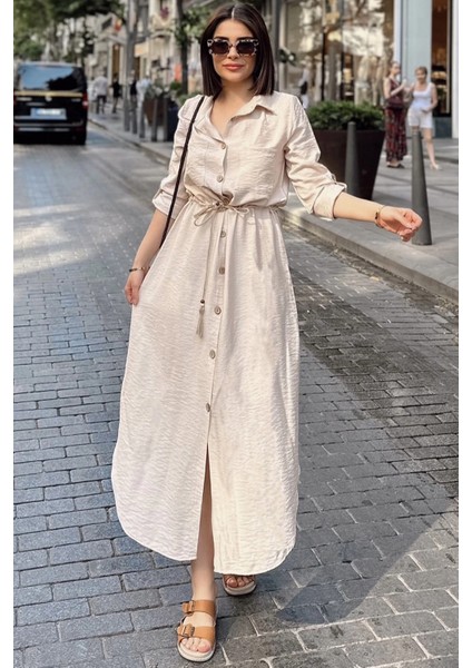 Bej Katlamalı Uzun Kol, Keten/airobin Kumaş, Beli Büzgülü, Hasır Kemerli Uzun Gömlek Elbise