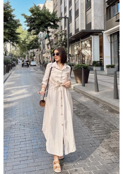 Bej Katlamalı Uzun Kol, Keten/airobin Kumaş, Beli Büzgülü, Hasır Kemerli Uzun Gömlek Elbise fiyatları