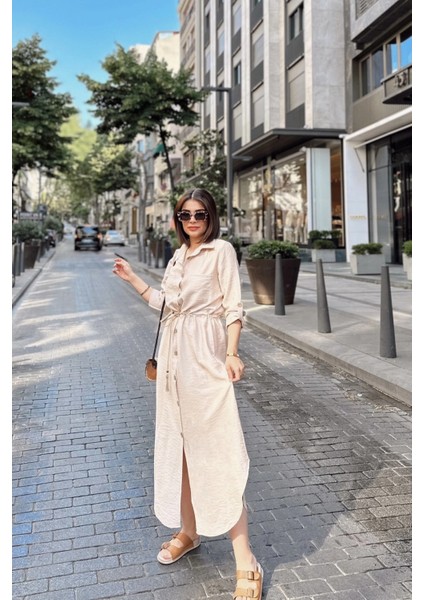 Bej Katlamalı Uzun Kol, Keten/airobin Kumaş, Beli Büzgülü, Hasır Kemerli Uzun Gömlek Elbise modelleri