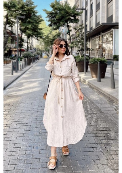Bej Katlamalı Uzun Kol, Keten/airobin Kumaş, Beli Büzgülü, Hasır Kemerli Uzun Gömlek Elbise fırsatları