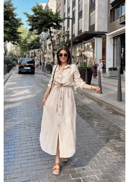 Bej Katlamalı Uzun Kol, Keten/airobin Kumaş, Beli Büzgülü, Hasır Kemerli Uzun Gömlek Elbise indirimleri