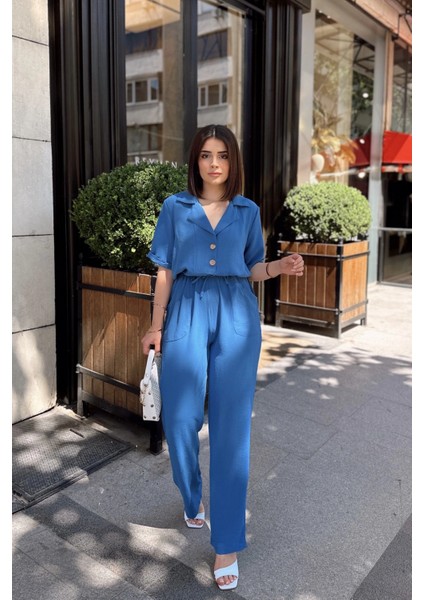 Indigo Apaş Yaka, Kısa Kol, Keten/airobin Kumaş, Rahat Kesim, Yarım Patlı, Beli Büzgülü Tulum modelleri