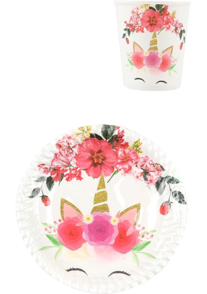 Beyaz Unicorn Baskılı 8'li Tabak Bardak Set