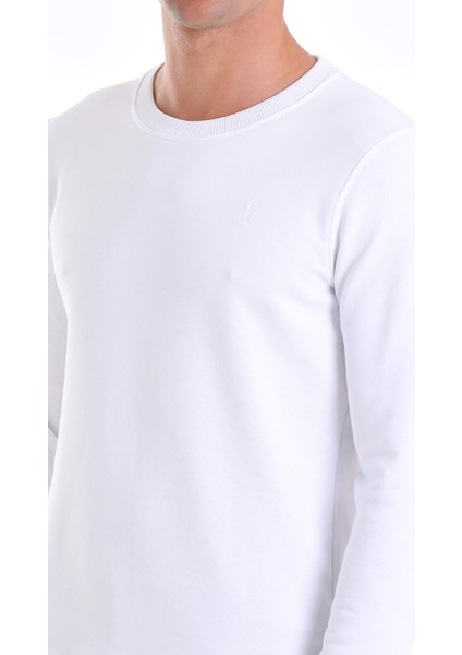 Beyaz Regular Fit Düz Pamuklu Bisiklet Yaka Sweatshirt indirimleri
