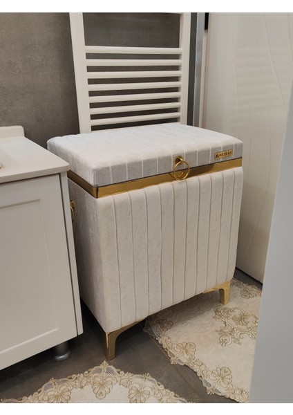 Tek Tip Dikdörtgen Krem Renk Altın Şeritli Modern Kadife Banyo Kirli Çamaşır Sepeti