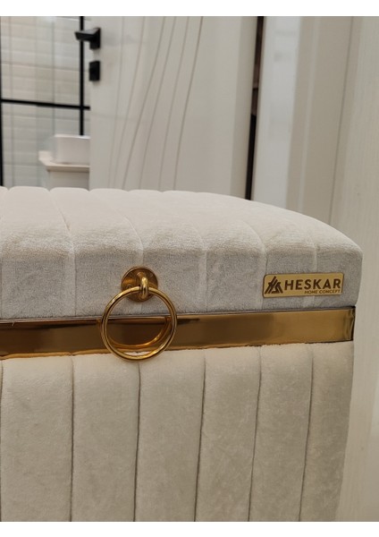 Tek Tip Dikdörtgen Krem Renk Altın Şeritli Modern Kadife Banyo Kirli Çamaşır Sepeti fiyatları