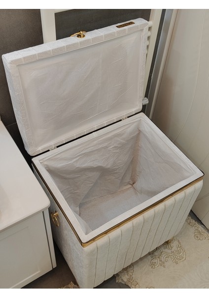 Tek Tip Dikdörtgen Krem Renk Altın Şeritli Modern Kadife Banyo Kirli Çamaşır Sepeti modelleri