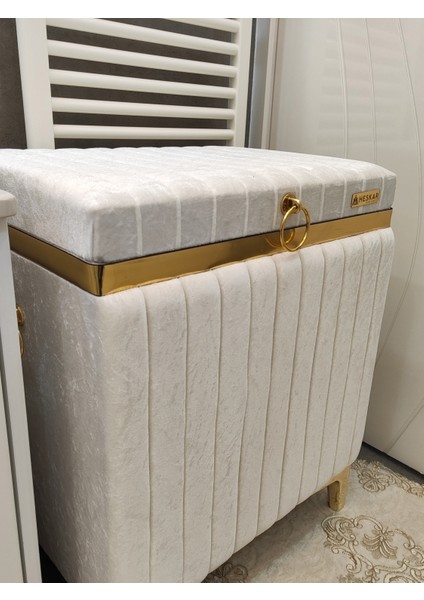 Tek Tip Dikdörtgen Krem Renk Altın Şeritli Modern Kadife Banyo Kirli Çamaşır Sepeti fırsatları