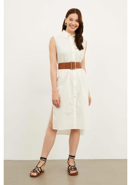 Kadın Polo Yaka Kolsuz Midi Önden Düğmeli Düzrenk Dokuma Gömlek Elbise