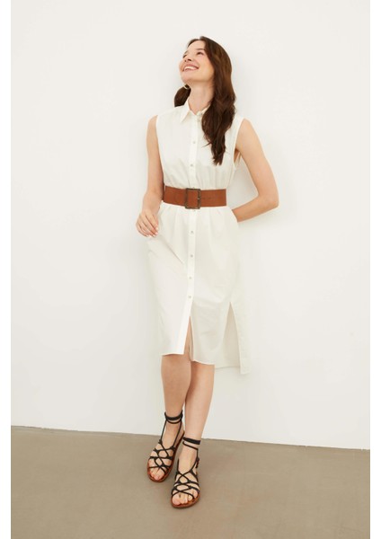 Kadın Polo Yaka Kolsuz Midi Önden Düğmeli Düzrenk Dokuma Gömlek Elbise fiyatları