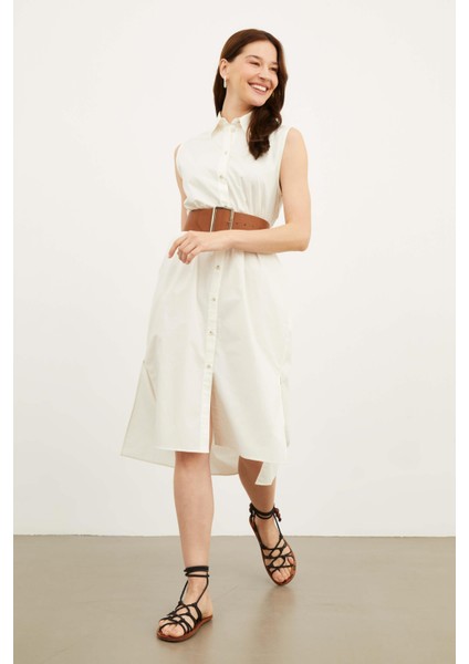 Kadın Polo Yaka Kolsuz Midi Önden Düğmeli Düzrenk Dokuma Gömlek Elbise modelleri