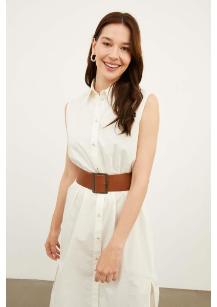 Kadın Polo Yaka Kolsuz Midi Önden Düğmeli Düzrenk Dokuma Gömlek Elbise fırsatları