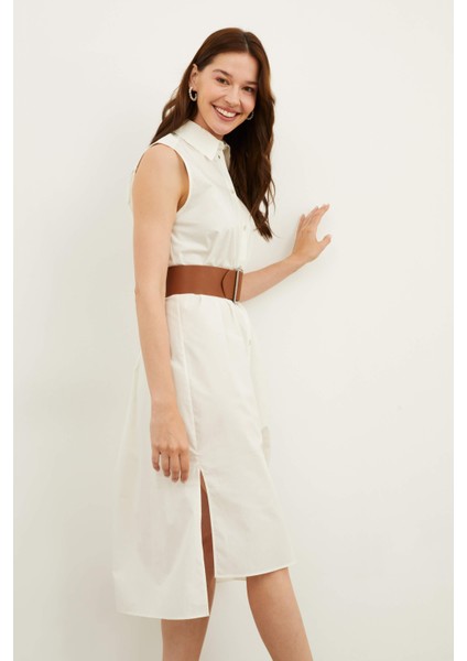 Kadın Polo Yaka Kolsuz Midi Önden Düğmeli Düzrenk Dokuma Gömlek Elbise indirimleri