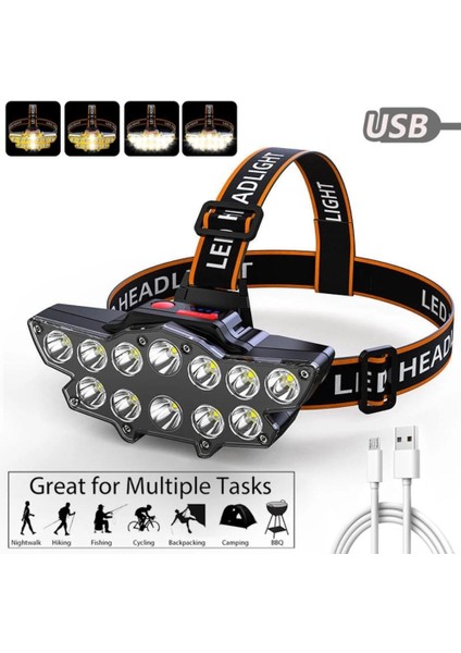 Teknoloji Şarjlı 12 LED Kafa Lambası Avcı Işıldak Balıkçı Kamp Lambası