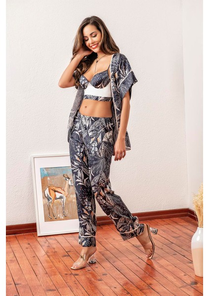 Kadın Lacivert Drape Saten Üçlü Takım