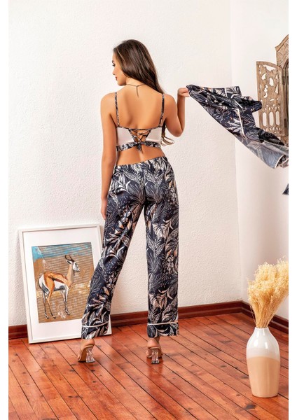 Kadın Lacivert Drape Saten Üçlü Takım fiyatları