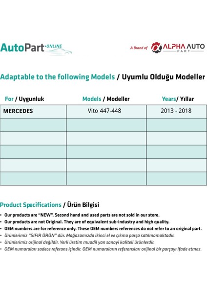 Alpha Auto Part Mercedes Benz Vito 447-448 Için El Fren Mandalı