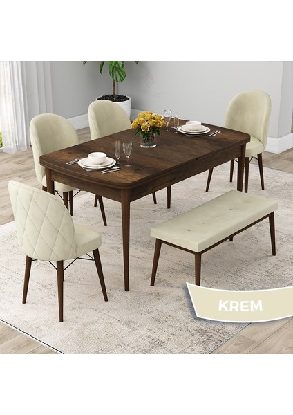 Concept Rut Serisi Açılabilir 80X132 Barok Ahşap Desen Mutfak Masası Takımı 4 Sandalye 1 Bench