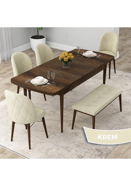 Concept Rut Serisi Açılabilir 80X132 Barok Ahşap Desen Mutfak Masası Takımı 4 Sandalye 1 Bench