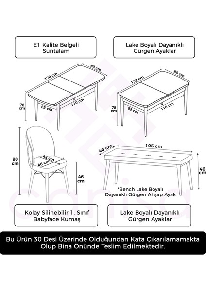 Concept Rut Serisi Açılabilir 80X132 Barok Ahşap Desen Mutfak Masası Takımı 4 Sandalye 1 Bench