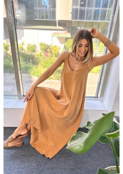 Kadın Modal Kumaş Ayarlanabilir Askılı Camel Elbise
